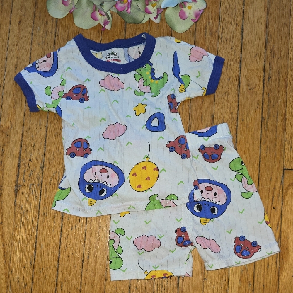 Vintage Kids Pajama Set with Blue and Green Cartoon Print